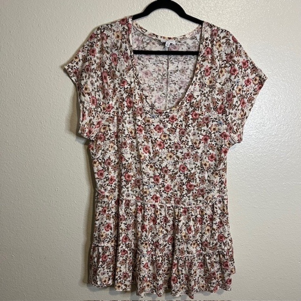 True Craft Plus Size 1X Floral Tiered Babydoll Tunic V Neck Top Cottage Prairie